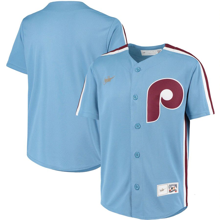 Youth Philadelphia Phillies Nike Light Blue Road Cooperstown Collection Team MLB Jerseys->youth mlb jersey->Youth Jersey